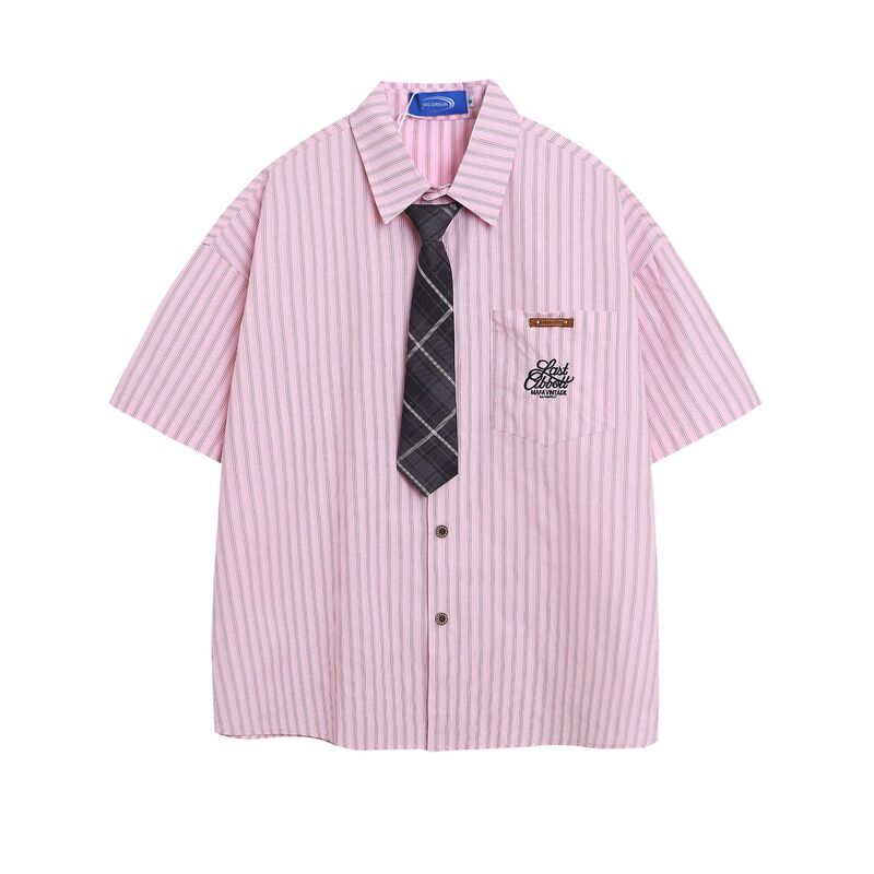 Trendy Brand College Style Pink Striped Short-sleeved Shirt Men's Summer Casual All-match Couple Shirt Ins