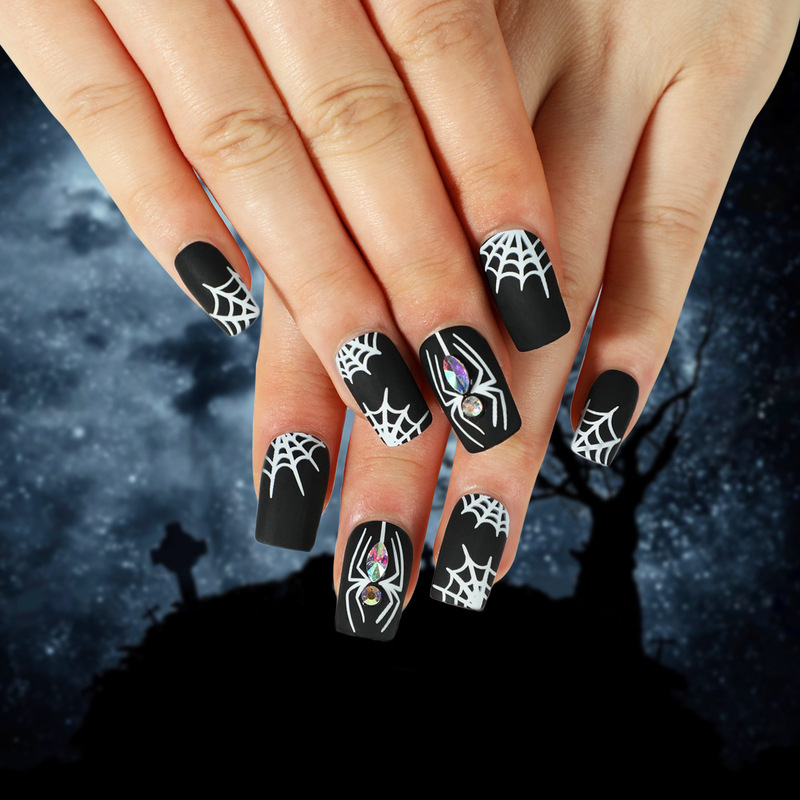 Short Frosted Halloween Manicure White Spider Web Rhinestone Black Wearable Nails Removable Nails Wholesale Nail