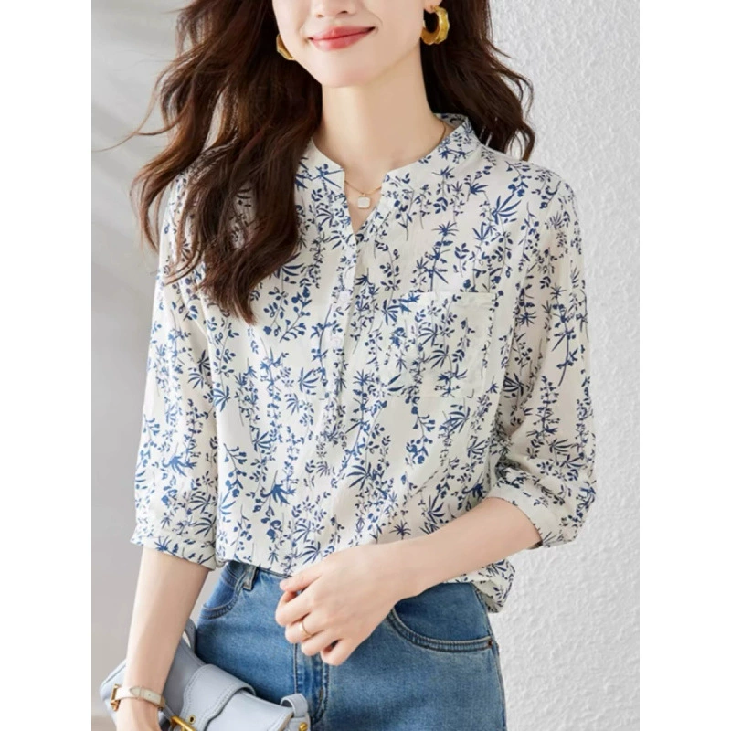 В наличии весна 2025, новые топы в китайском стиле из чистого хлопка, три четверти рукава, шикарные, молодежные рубашки