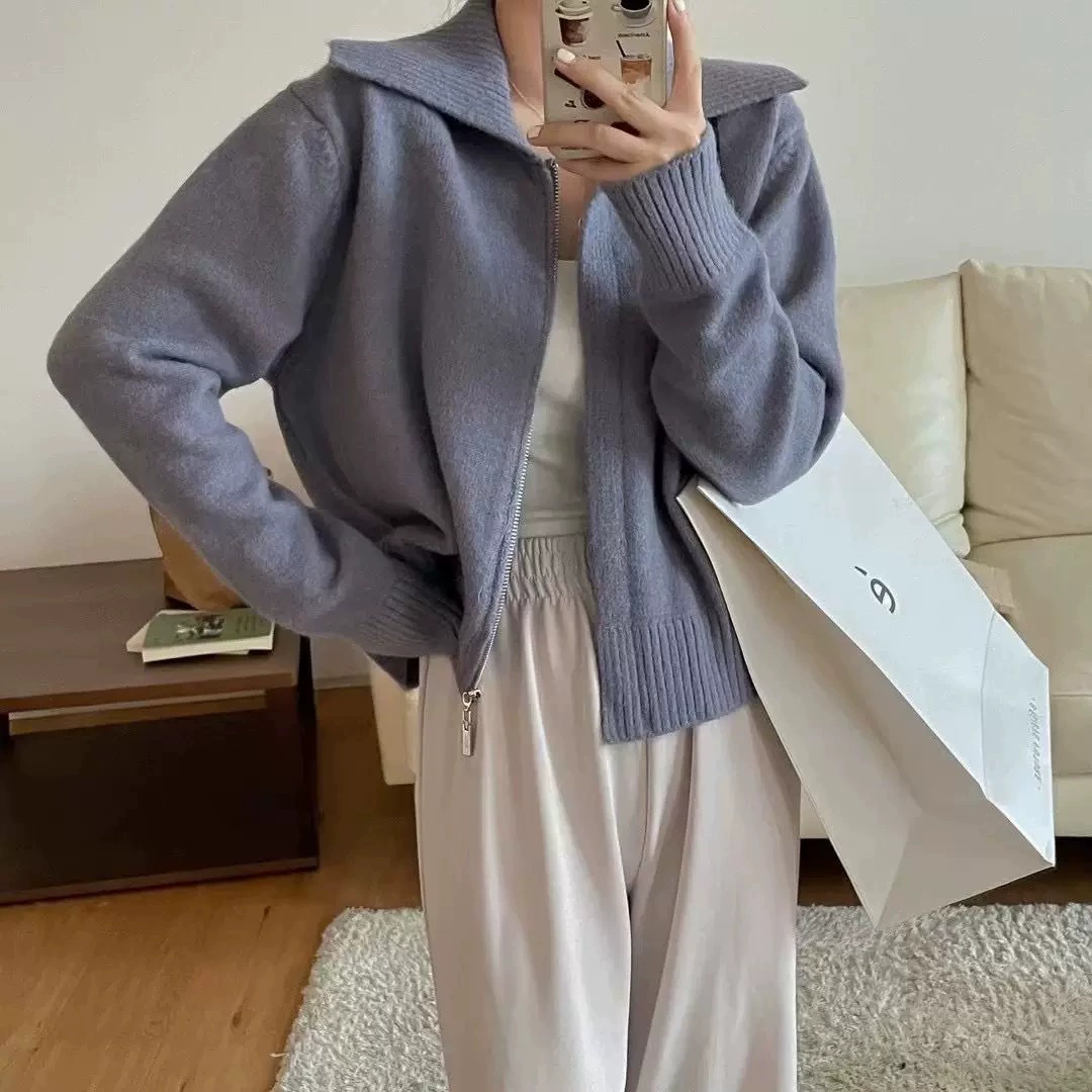 Женский короткий утолщенный свитер-жакет в корейском стиле с большими лацканами, на осень и зиму, с дизайном на молнии, элегантный топ из трикотажа.