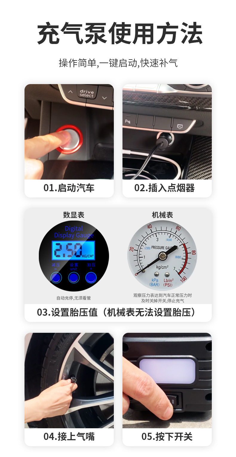 Car air pump, electric tire inflator, portable for small cars, high-power, high-pressure, dual-cylinder, for vehicle use