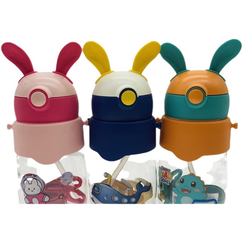 Weilong 9012 espacio taza de agua de dibujos animados de impresión de plástico niños Orejas de conejo de aprendizaje taza de beber con mango taza de paja