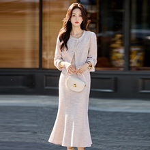 中裙时尚套装女士高定小香外套休闲2025秋装钉珠圆领上衣两件套装