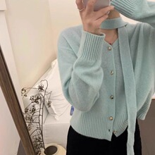 春季新款韩系飘带挂脖慵懒风穿搭毛衣女外套温柔别致红色针织开衫