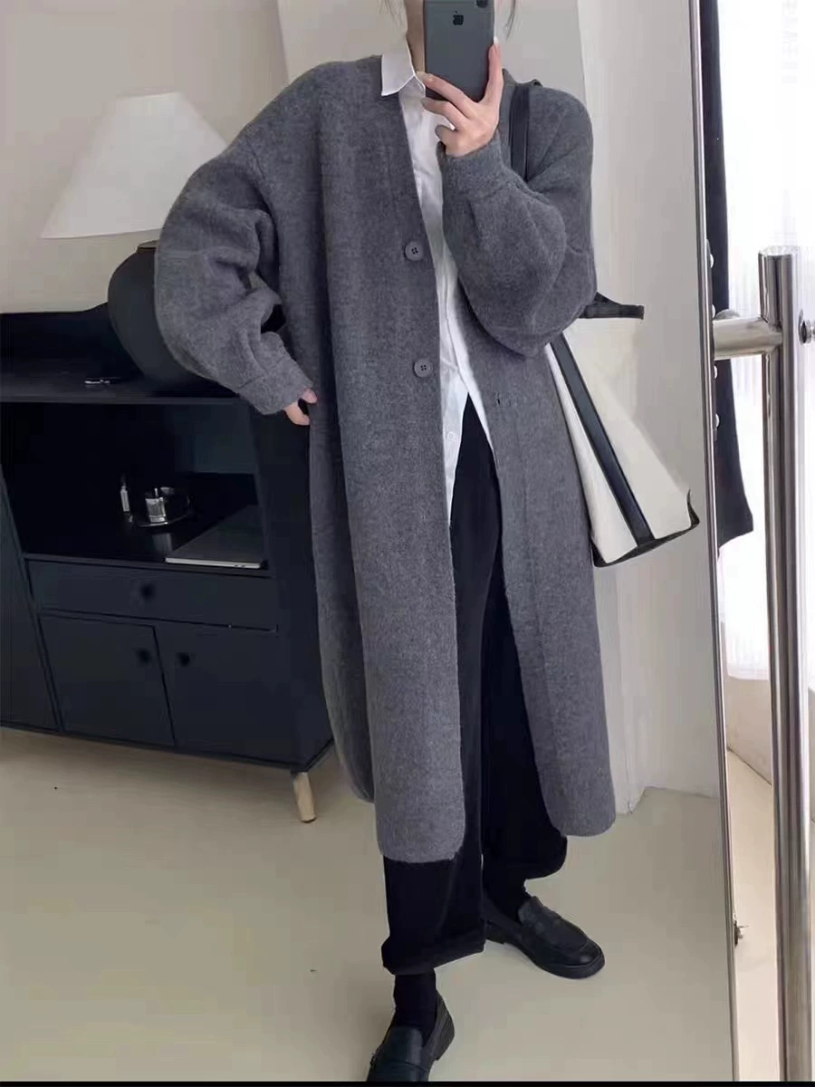 Демисезонное trench coat, длинная вязаная куртка, стиль высокого качества, V-образный вырез