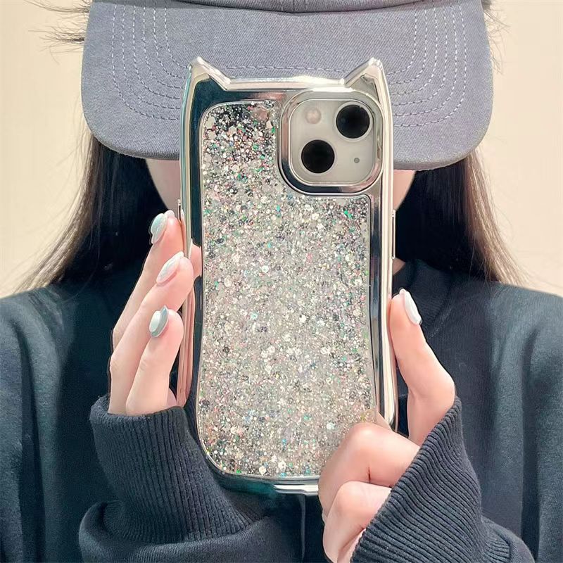 電鍍貓耳朵閃粉手機殼iPhone15promax蘋果14pro可愛13防摔11/12軟