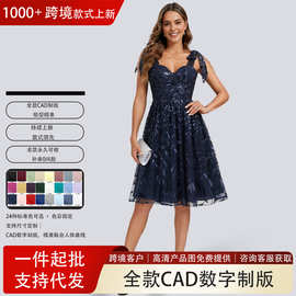 跨境亚马逊鸡尾酒礼服裙女 A字V领及膝蕾丝亮片 晚礼服舞婚纱外贸