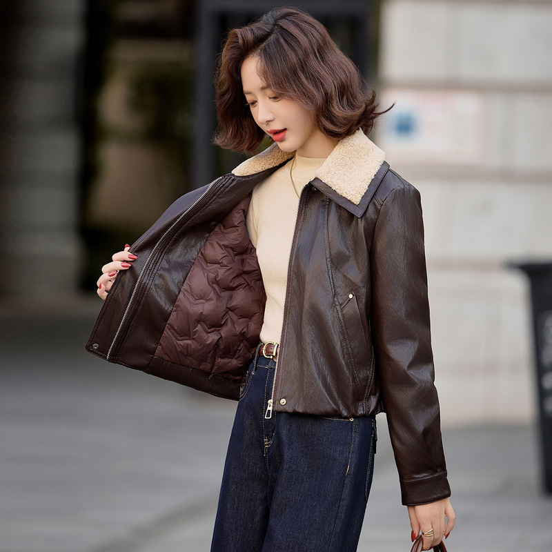 Furry Large Lapel down Lining Leather Jacket for Women 2025 Autumn and Winter New White Duck down Jacket Yg83010