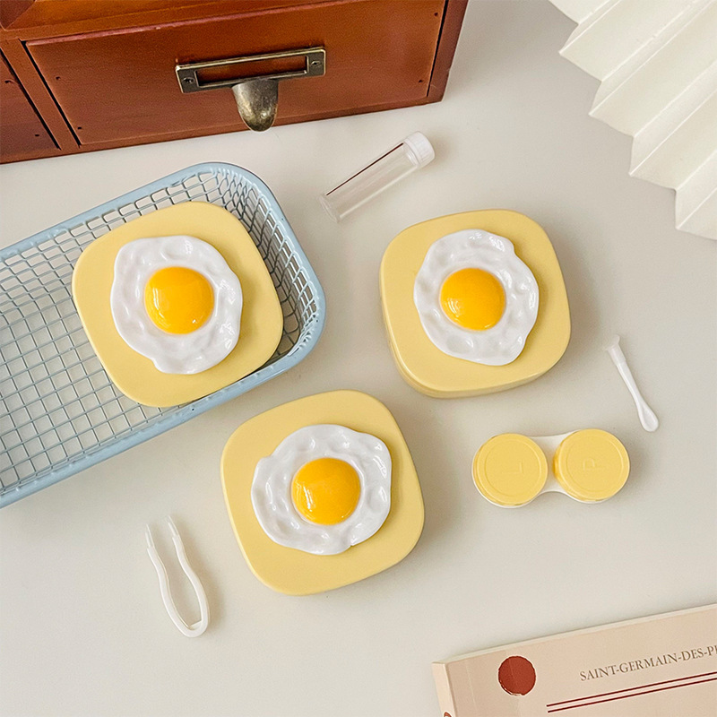 Cute Cartoon Poached Egg Contact Lens Case Student Mini Portable Contact Lens Case Companion Box Care Box with Mirror