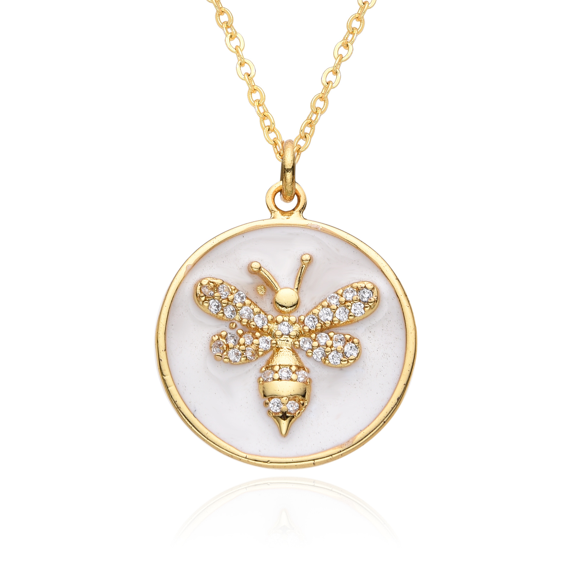 Copper Material Copper Gold Plated Enamel Inlay Round Lion Bee Zircon Pendant Necklace