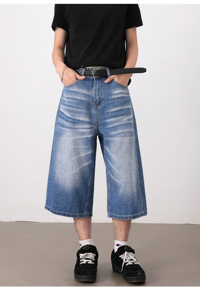 Quần short jeans nam ống rộng dáng lửng phong cách retro giặt mài — Màu xanh dương, Xanh nhạt chi tiết 15