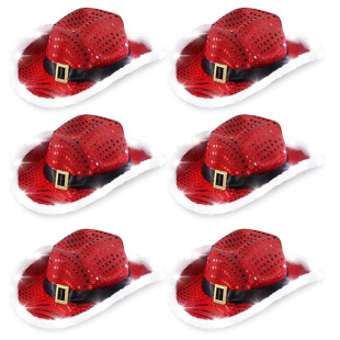 Christmas Red Sequined Cowboy Hat with Lights, Red Leather Belt with Gold Buckle and Lights, Western Cowboy Christmas White Light Hat