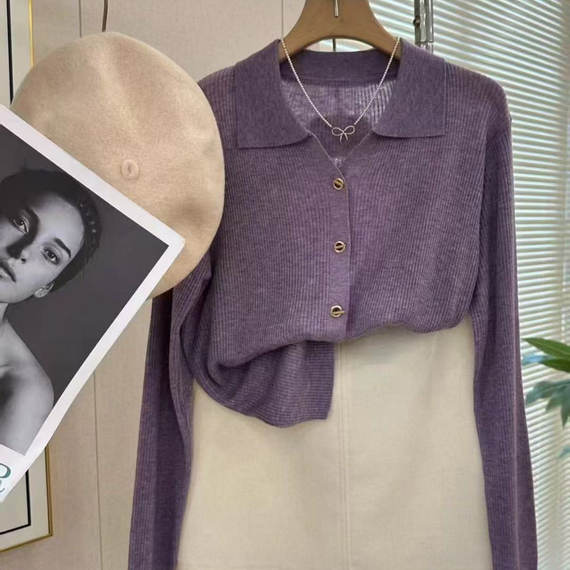 New French Polo Collar Single-breasted Worsted Cardigan Knitted Sweater Women's Spring and Autumn Fashion Casual All-match Meat Covering