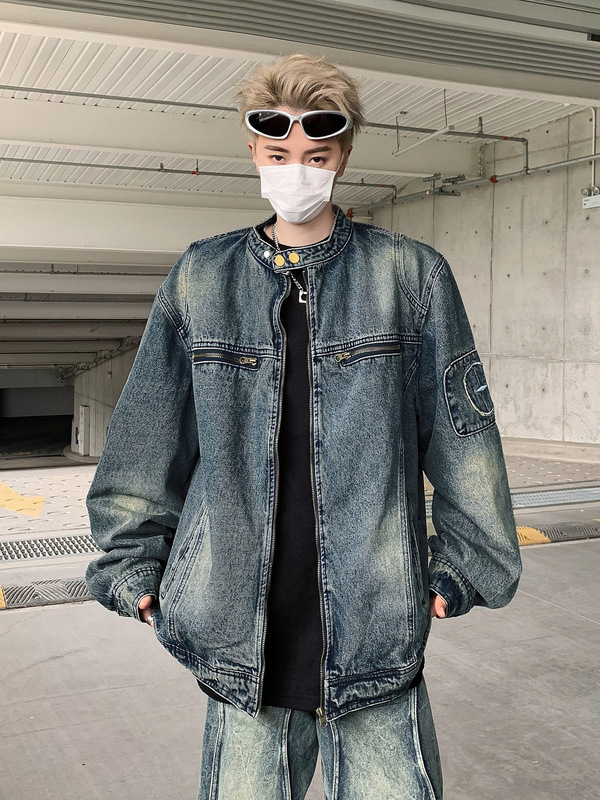 美式复古立领牛仔外套男秋季新款高级感潮牌宽松休闲痞帅夹克外套|undefined