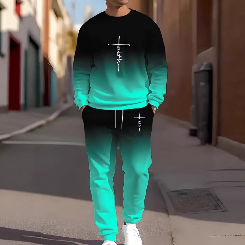 European Size Cross-Border New Foreign Trade Men's Sports Suit, Fashionable Casual Spring and Autumn Hooded Sweatshirt and Long Pants Two-Piece Set