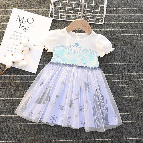  Xia Xin ins style Frozen Princess Dress Short Sleeve Mesh Dress Cute Girls Christmas Dress