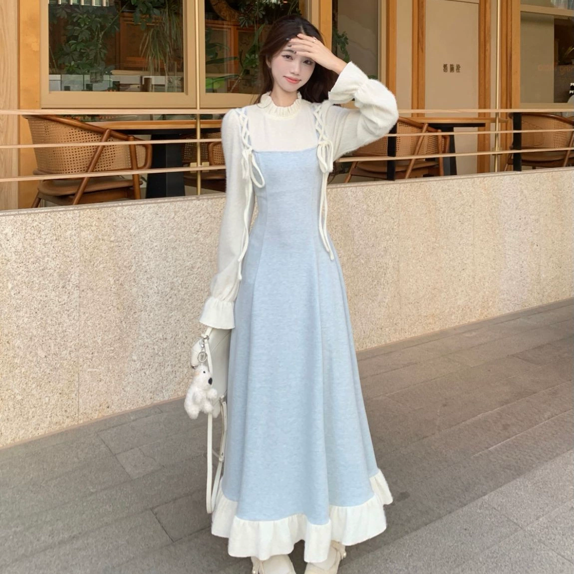 Нежный ветер деревянное платье с длинными рукавами, женское весеннее французское темпераментное платье, длинная юбка, дизайн, поддельные две юбки