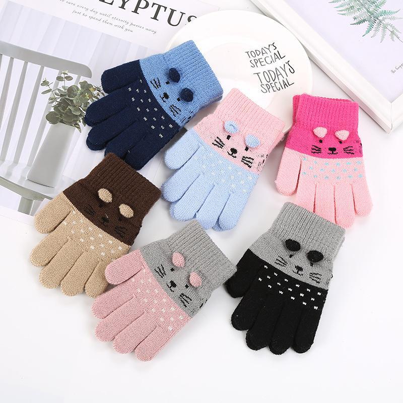 Three-Year-Old Kidsren's Winter Gloves Cute Knitted Cat Five-Finger Brushed Male and Female Baby Wool Outdoor Split Fingers to Heattech