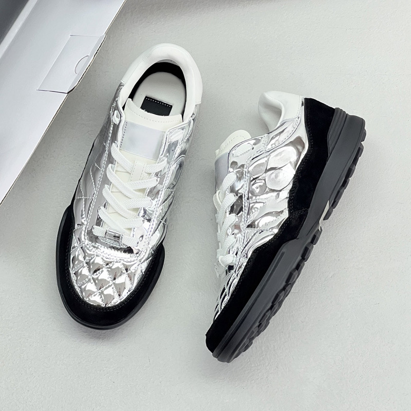 Hidden Gem: Metallic Color Tennis Shoes! Diamond Pattern Double C Lace-Up Casual White Sneakers for Women Hidden Gem: Metallic Color Tennis Shoes! Diamond Pattern Double C Lace-Up Casual White Sneakers for Women