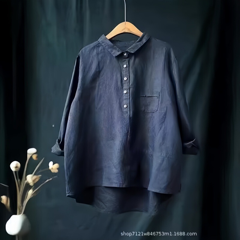 Spring and Autumn New European Retro Literary Hong Kong Style Large Size Solid Color Lapel Loose Casual Mid-Length Long Sleeve Shirt for Women