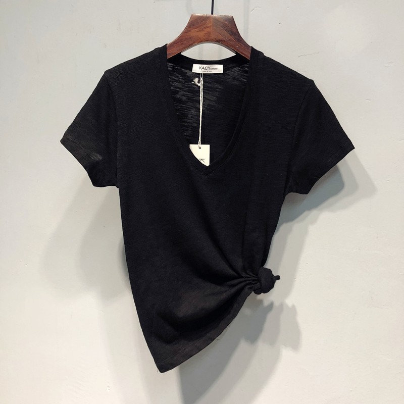 Women's Bamboo Cotton V Neck Short Sleeve T-Shirt Unique Design Slimming Summer Thin Versatile Top_ecoleips.com