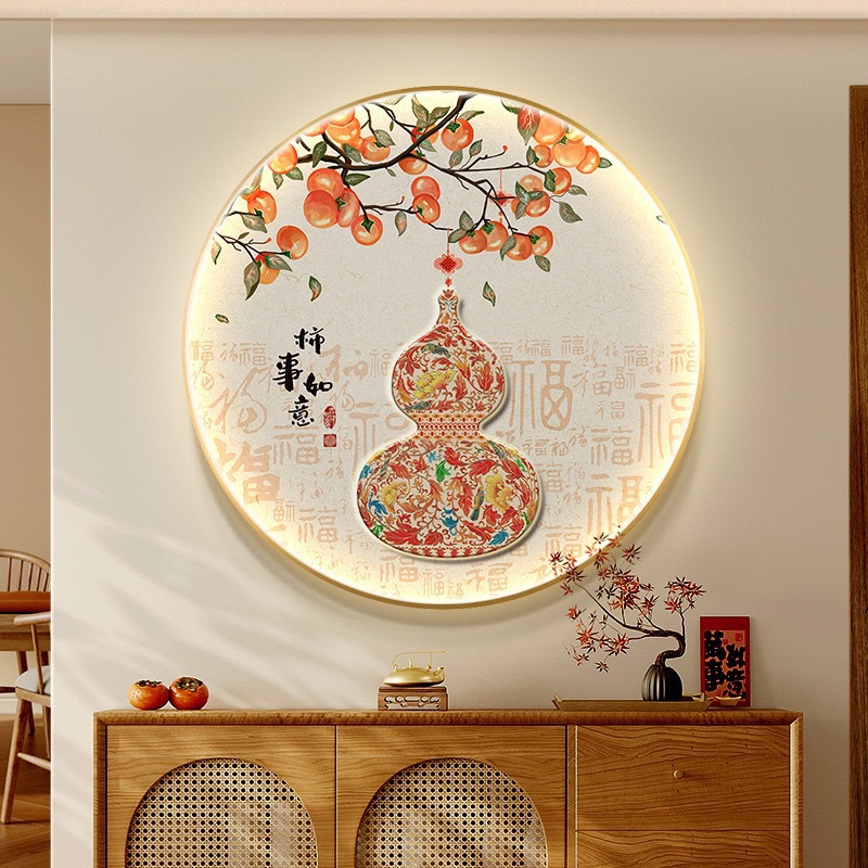 Light Luxury Entrance Hall Decorative Painting, Fortune and Prosperity Hanging Painting, New Chinese Style Round Led Light Painting Background Wall