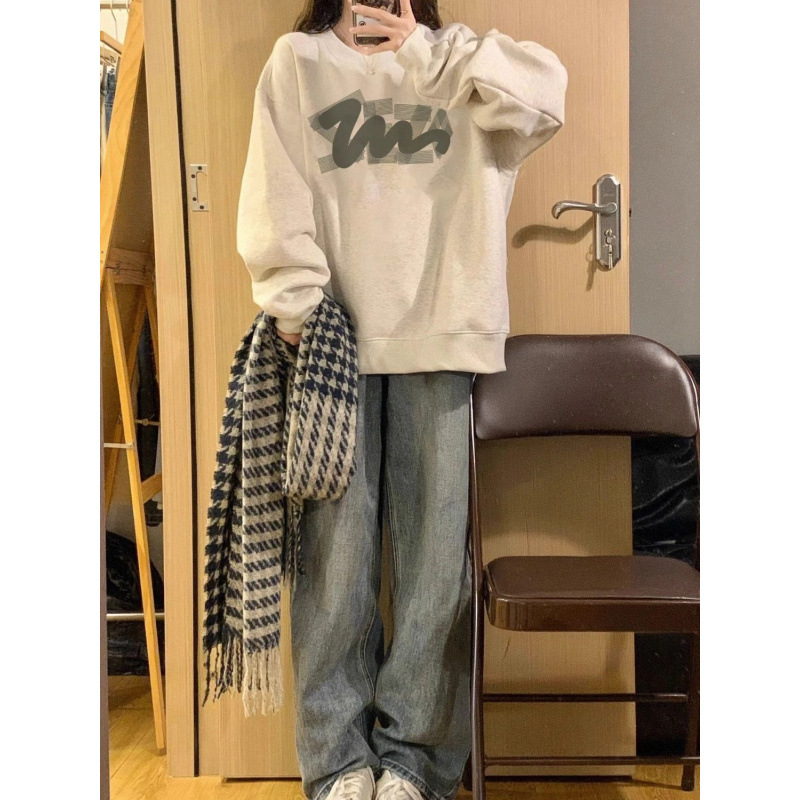 아메리칸 스타일 레트로 화이트 그레이 라운드 넥 스웨트 셔츠 여성용 느슨한 봄과 가을 틈새 디자인 센스 긴 소매 홍콩 스타일 탑 재킷