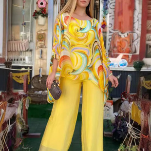Amazon 2025 Summer European and American Colorful Chiffon Suit Round Neck Top Printed Long Pants Two-Piece Set Extra Large Size