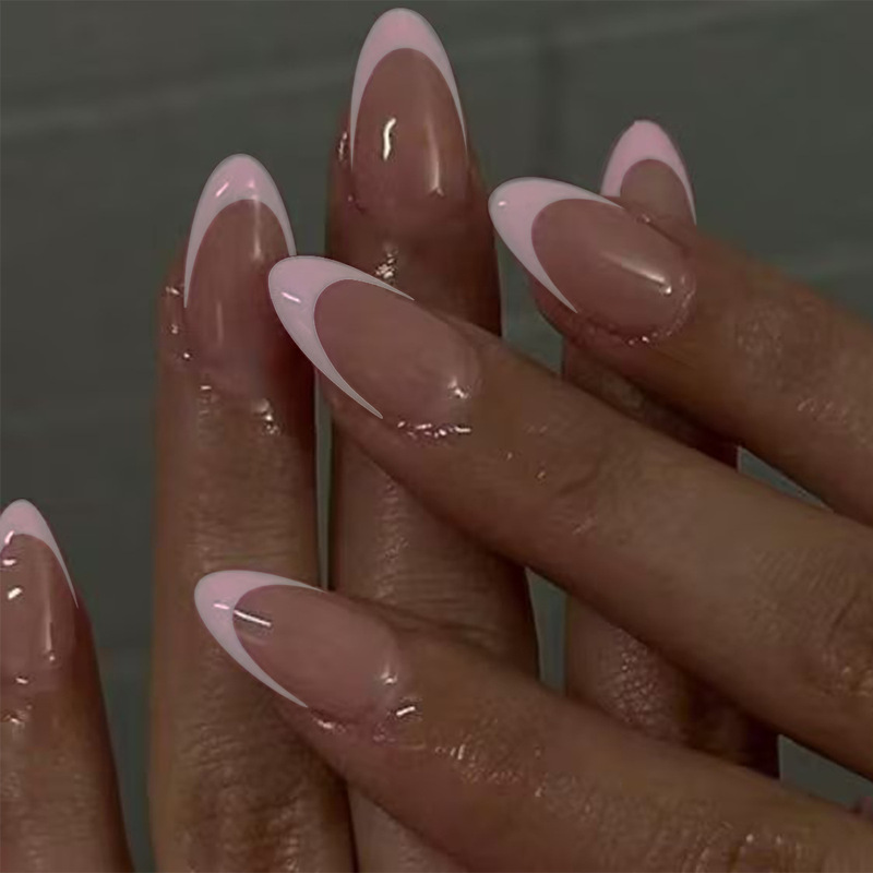 Cross-Border Hot-Selling Wearable Nails Pink French Edge Almond Manicure Pink French Tip Fake Nails Wholesale Direct Supply
