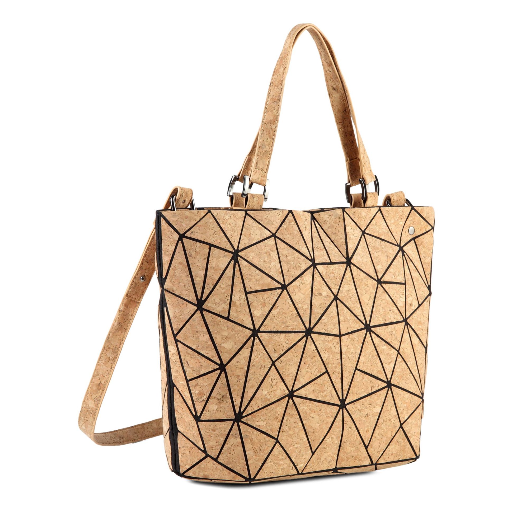 Environmentally friendly PU cork diamond grid handbag with tree bark folding geometric single shoulder women's bag,_voghion.com