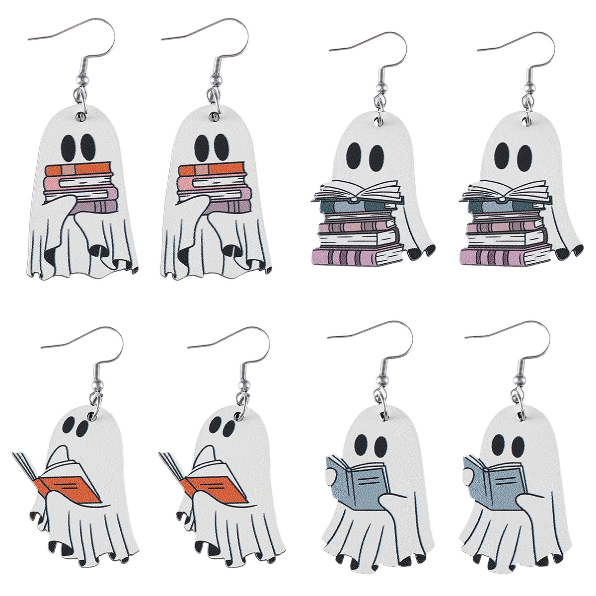 Boucles d'oreilles fantômes livres d'Halloween, style gothique, en acrylique plat, cadeau idéal pour les amoureux des livres._voghion.com