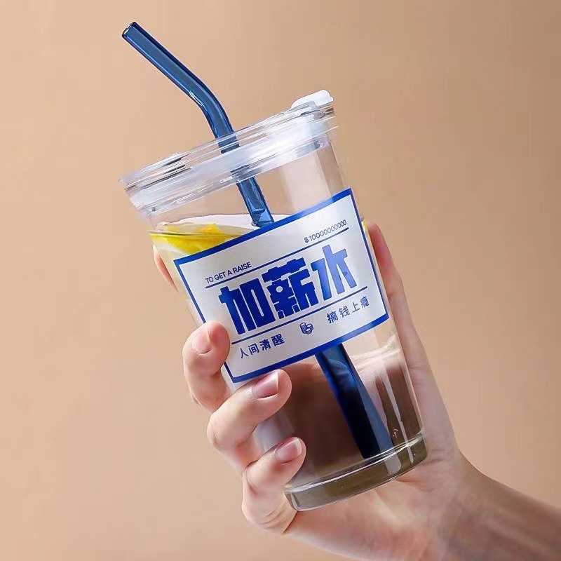 加薪水杯子吸管水杯玻璃杯果汁杯奶茶家用带盖喝水可爱女夏季牛奶