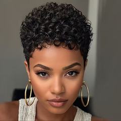 アフリカのかつら女性のための小さな巻き毛ヘッドギア黒ショートカーリーヘア偽ヘッドギアかつらローズネット高温シルクかつら
