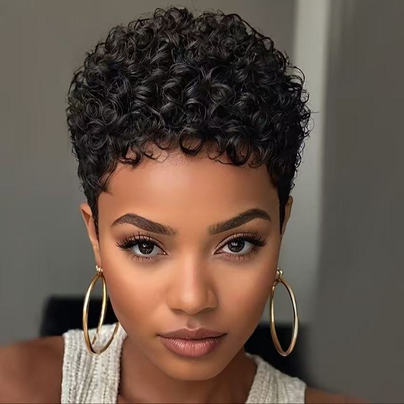 アフリカのかつら女性のための小さな巻き毛ヘッドギア黒ショートカーリーヘア偽ヘッドギアかつらローズネット高温シルクかつら|undefined