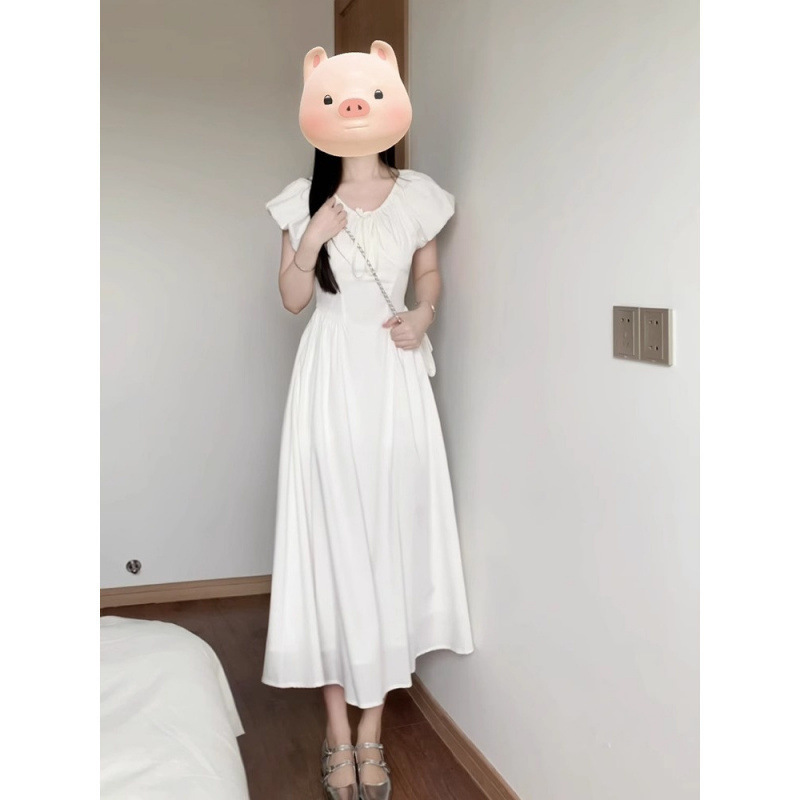 初恋白いスカートフレンチパフスリーブドレス女性の夏の2025新しいスタイルの小さなハイエンドロングスカート|undefined