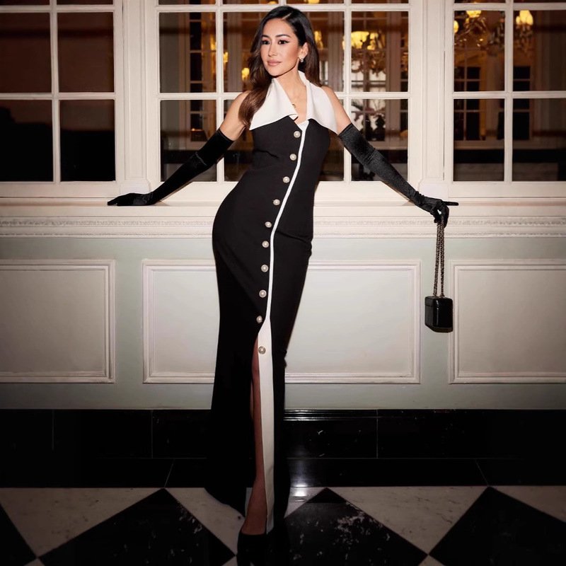 Fashionable Color-Blocking Design with a Contrasting Collar, Mid-Length Slim-Fit Dress, High-End Black and White Elegant Bandage-Style Sleeveless Long Gown