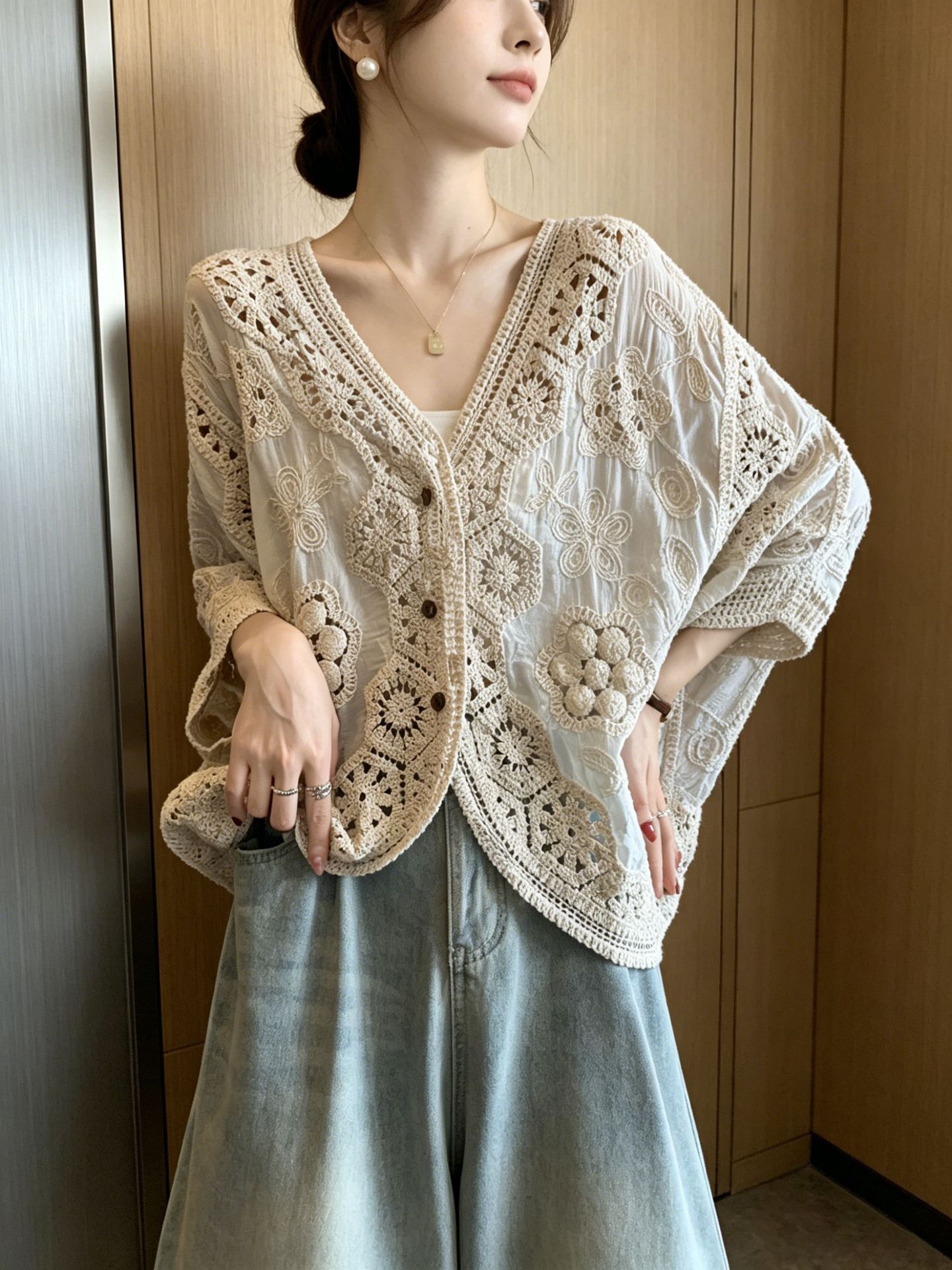 Áo chống nắng hở cổ tay bảy phần nữ phong cách trẻ trung — Màu ảnh chi tiết 8