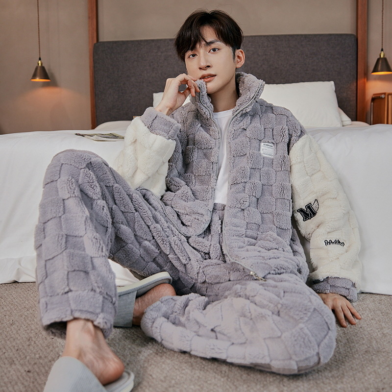 Pijama de lana de coral para hombres Otoño e Invierno forrado de lana engrosada traje de dos piezas de franela con cremallera para hombres ropa para el hogar invierno