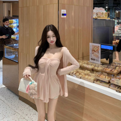 纯欲辣妹显瘦粉色抹胸无袖上衣套装女夏季宽松长袖防晒开衫两件套