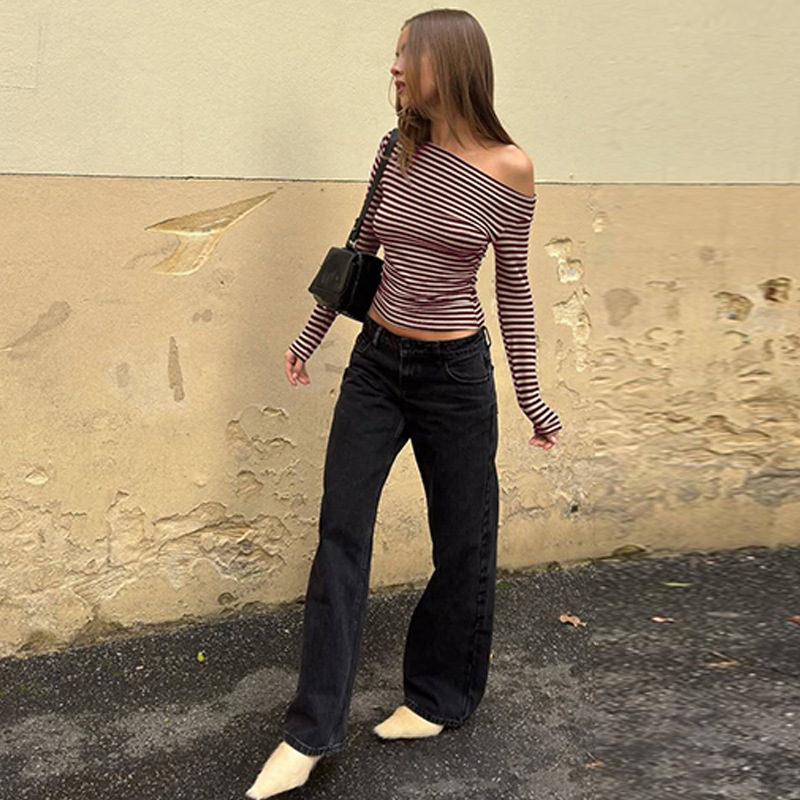 Damen Langarm T-shirt Mit Quadratischem Ausschnitt Rippstrick Top_voghion.com