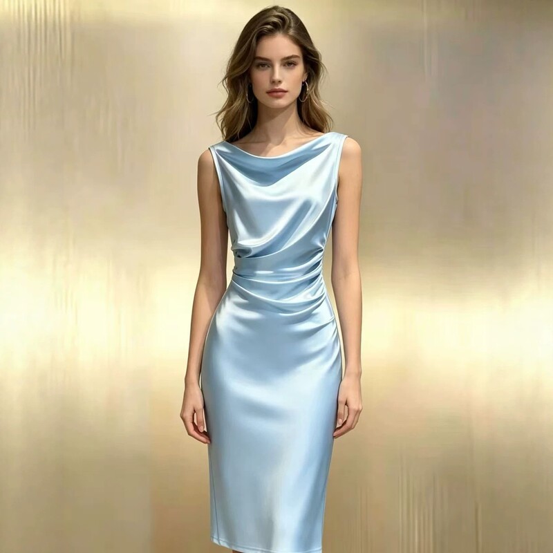 European and American Cross-Border Foreign Trade New Women's Dress, Solid Color, Waist-Cinching, Pleated, Fashionable Party Mid-Length Bodycon Dress European and American Cross-Border Foreign Trade New Women's Dress, Solid Color, Waist-Cinching, Pleated, Fashionable Party Mid-Length Bodycon Dress