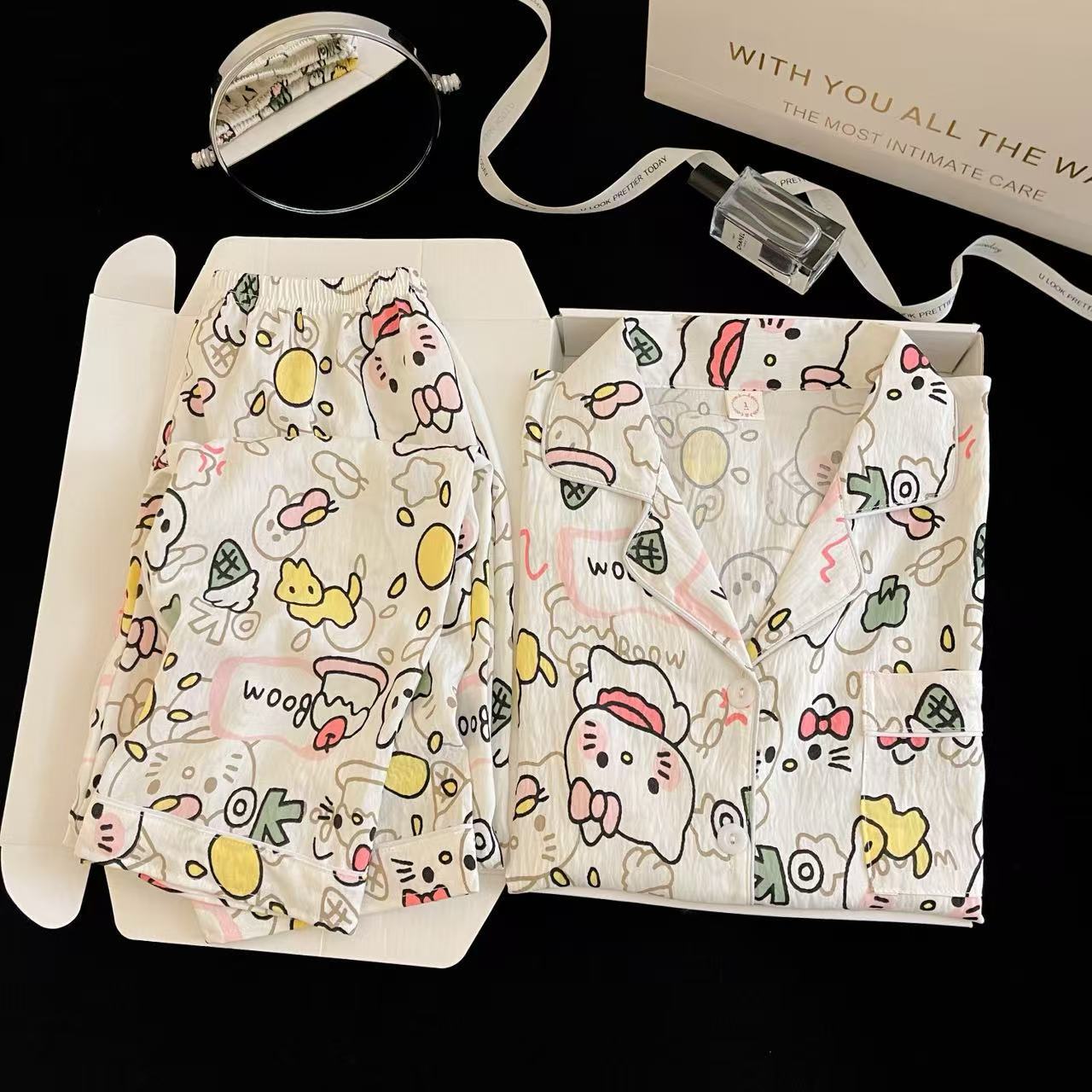 Nube transfronteriza pijama de algodón crayón de mujer pequeño nuevo otoño pantalones de manga larga lindos dibujos animados ropa de casa se puede usar fuera