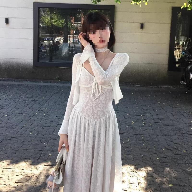 White Lace Suspender Floral Dress for Women, Summer 2026 Spring New Style, French Style, Stunning Holiday Style Long Dress White Lace Suspender Floral Dress for Women, Summer 2026 Spring New Style, French Style, Stunning Holiday Style Long Dress