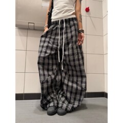 美式复古慵懒风格子休闲裤男女新款爵士舞双腰头拼接宽松阔腿裤潮