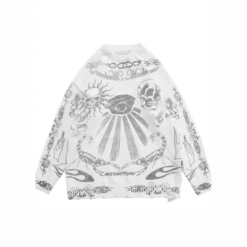 American and European fashion, Harajuku punk rock, hip-hop, skeleton, dark flame, Y2K, original long-sleeved knit sweater hoodie