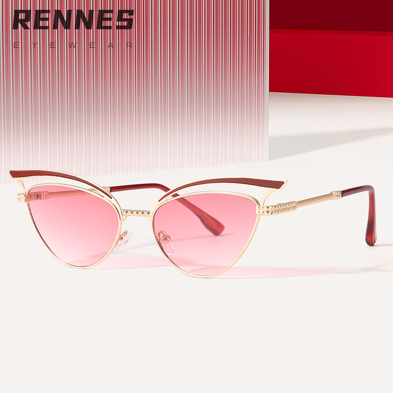 2024 nuevas gafas de sol de ojo de gato huecas de metal personalizadas, el mismo estilo, gafas de sol para exteriores esenciales de forma cóncava