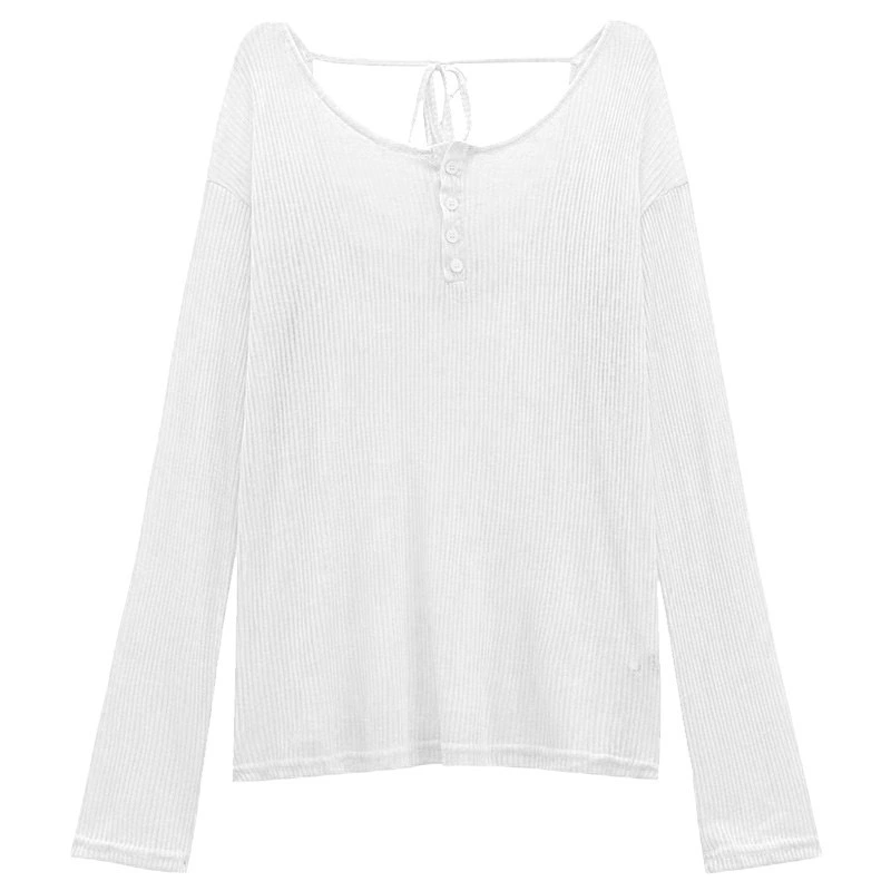 微与 ~Lanky style loose and slim-looking top pure backless pink sunscreen blouse women's lace-up blouse