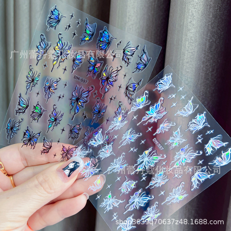Popular 3D nail stickers thin transparent liquid butterfly wings colorful laser colorful broken glass silver nail decals Popular 3D nail stickers thin transparent liquid butterfly wings colorful laser colorful broken glass silver nail decals
