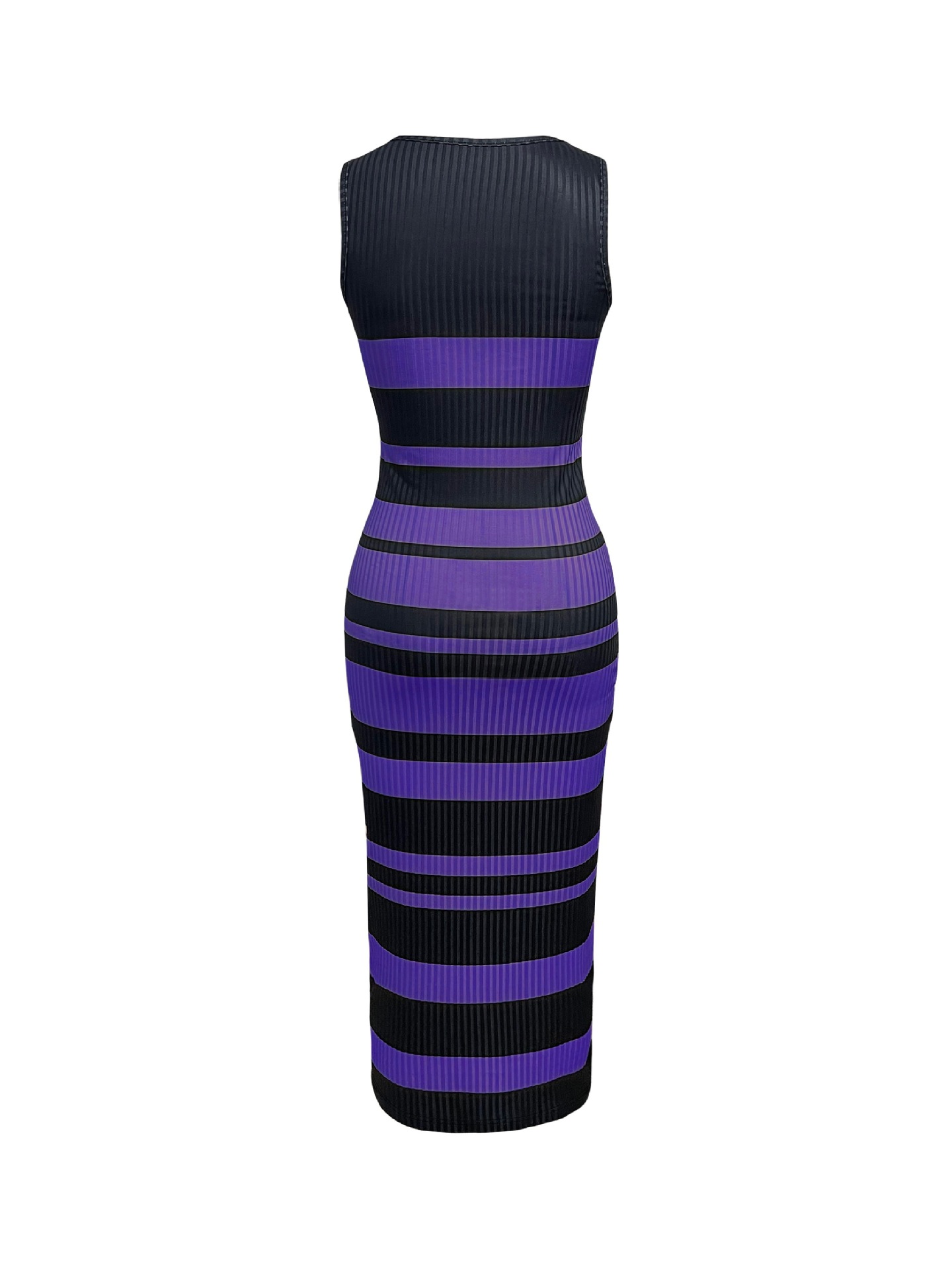 Women's Slim Fit Sleeveless Ribbed Stripe Print V-Neck Midi Dress For Casual & Office Wear Versatile Style Statement_ecoleips.com