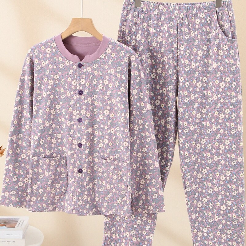 2026 New Autumn/Winter Pure Cotton Pajamas for Middle-Aged Mothers, 100% Cotton with Pockets, Thick Home Wear Set for Middle-Aged Women